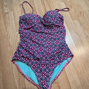 Catalina Womens XL Pink Blue Geometric Medallion Ruched One Piece Swimsuit